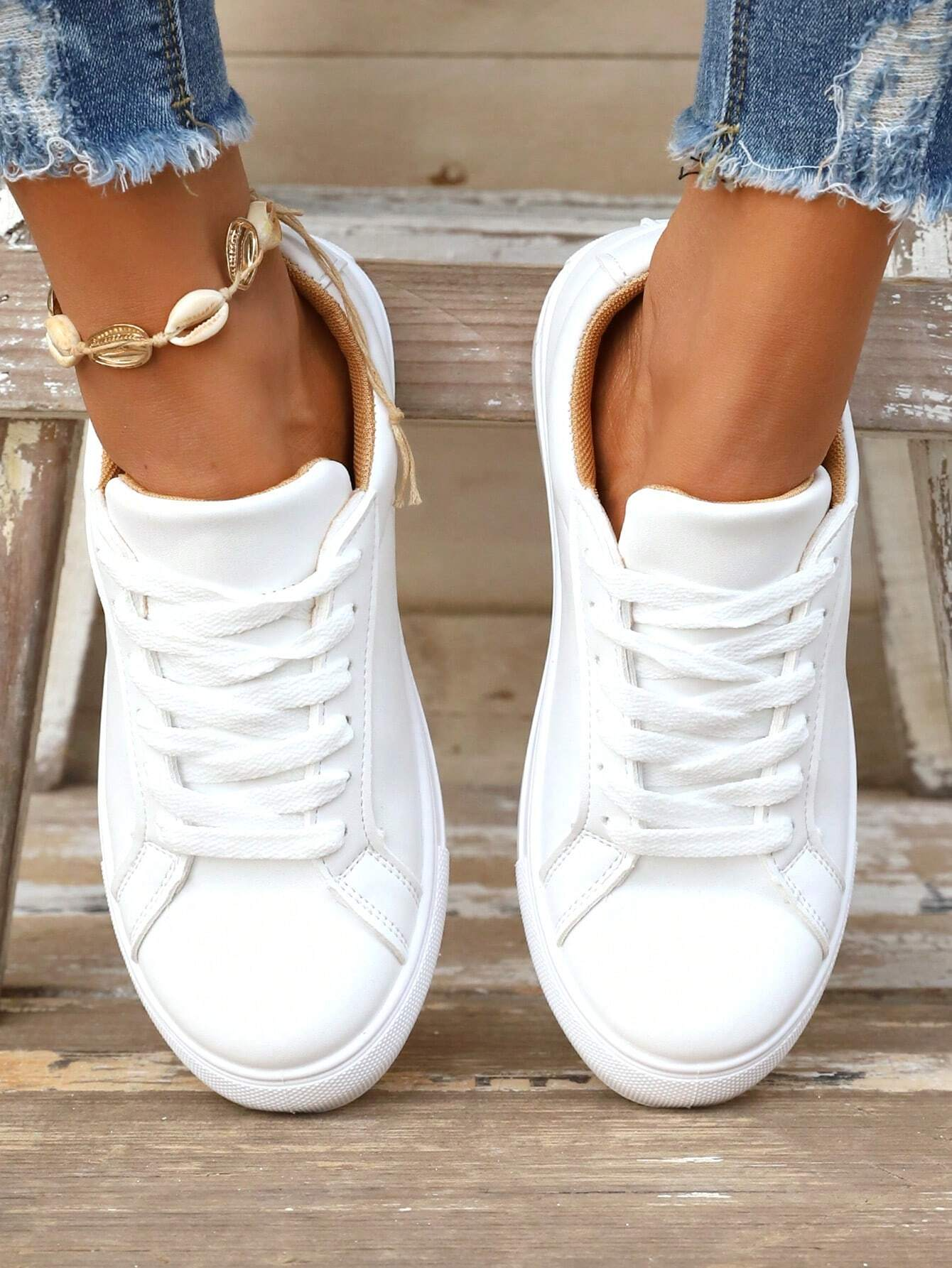 Women Sneakers Casual Plain Lace-Up Flat Heel Slip On Shoes