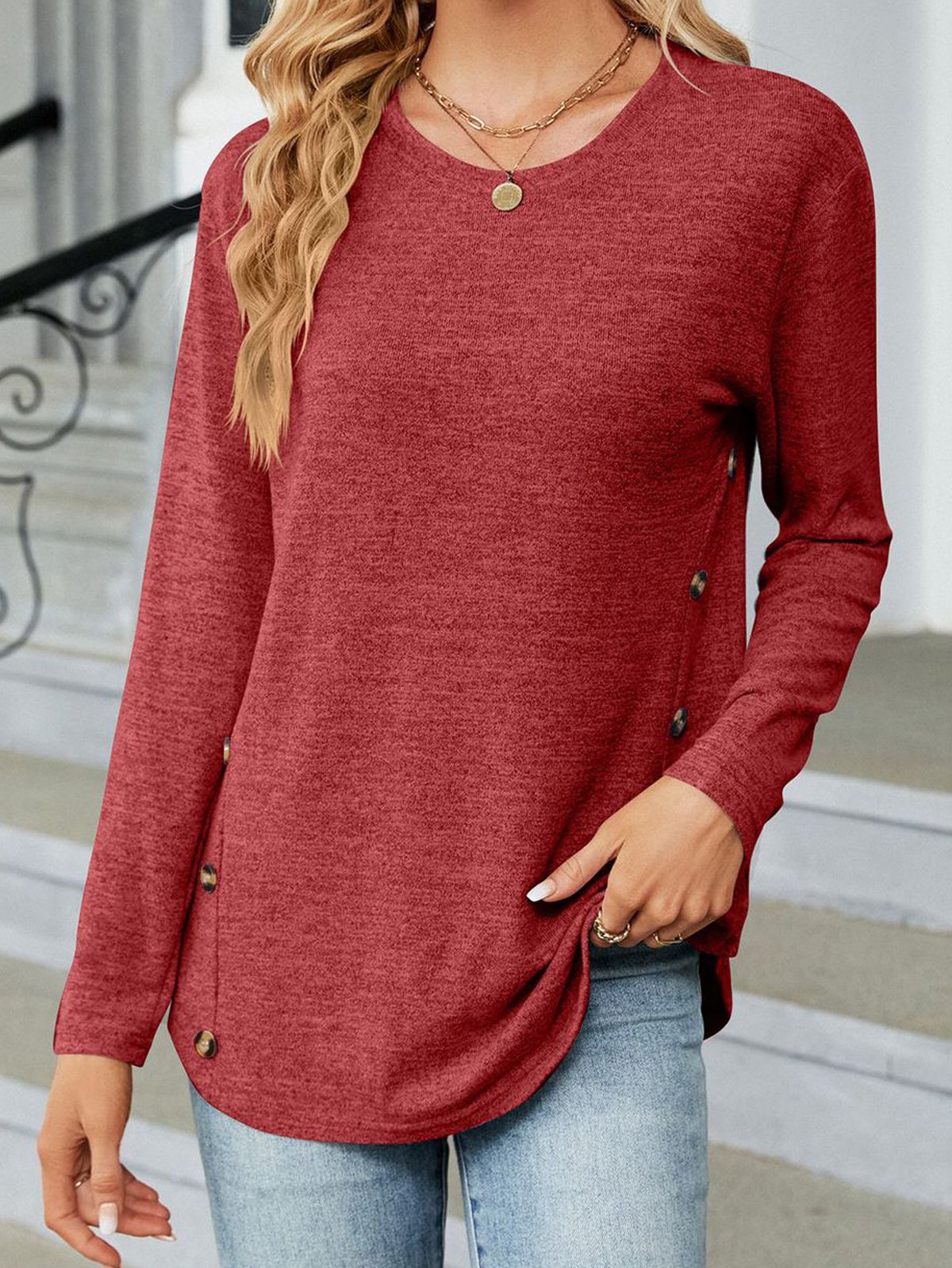 Casual Plain Crew Neck Long Sleeve T-shirt