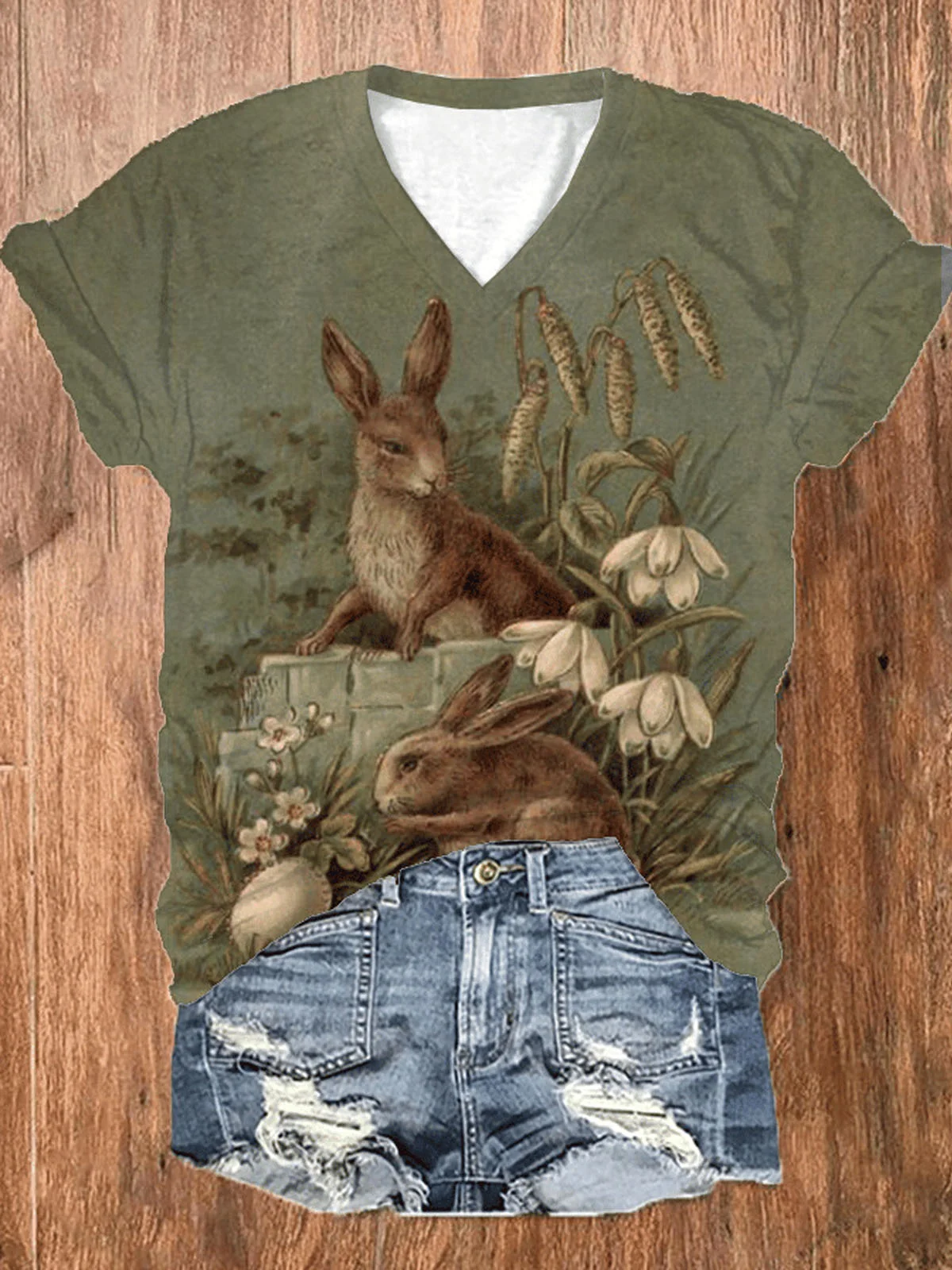 Casual Rabbit V Neck Short Sleeve T-shirt
