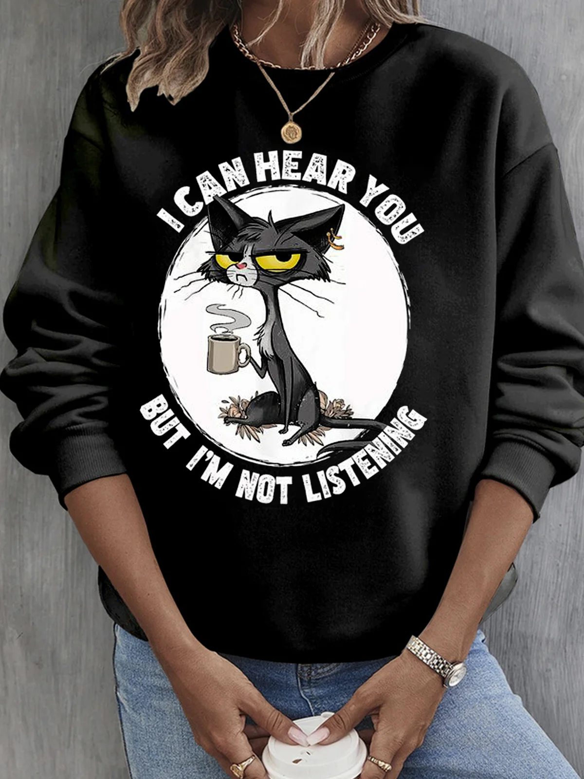 Casual Crew Neck Cat Sweatshirt