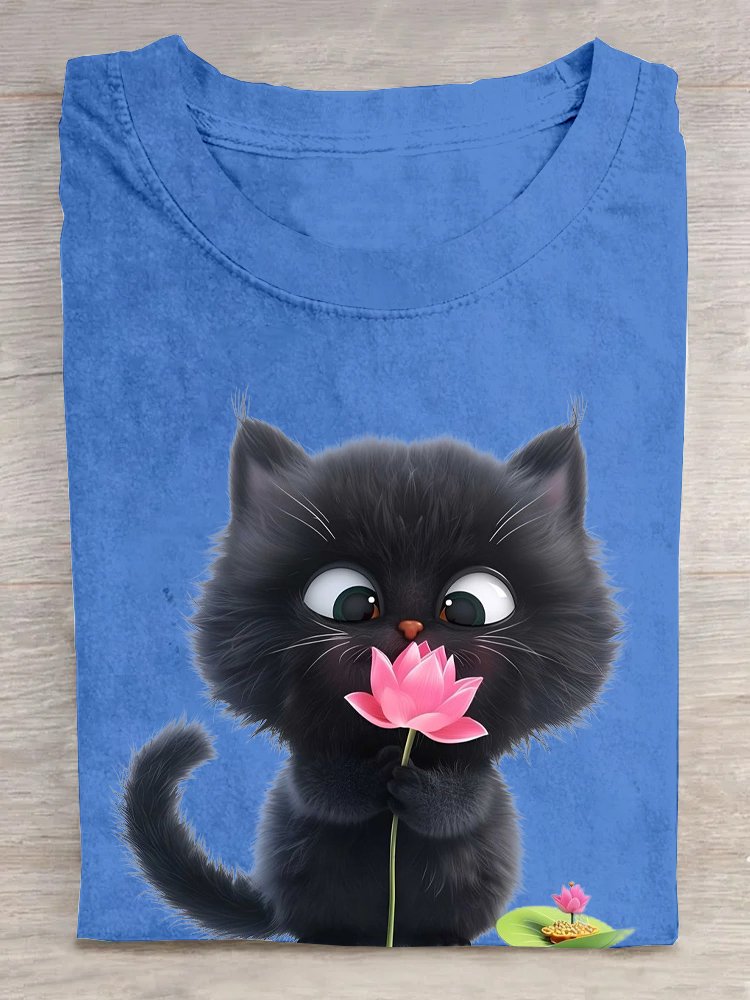 Casual Cat Crew Neck Short Sleeve T-shirt