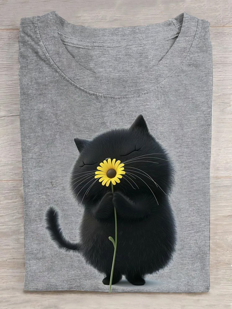 Casual Cat Crew Neck Short Sleeve T-shirt