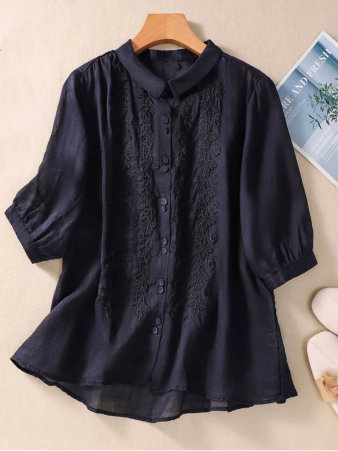 Shirt Collar Long Sleeve Plain Regular Loose Blouse For Women