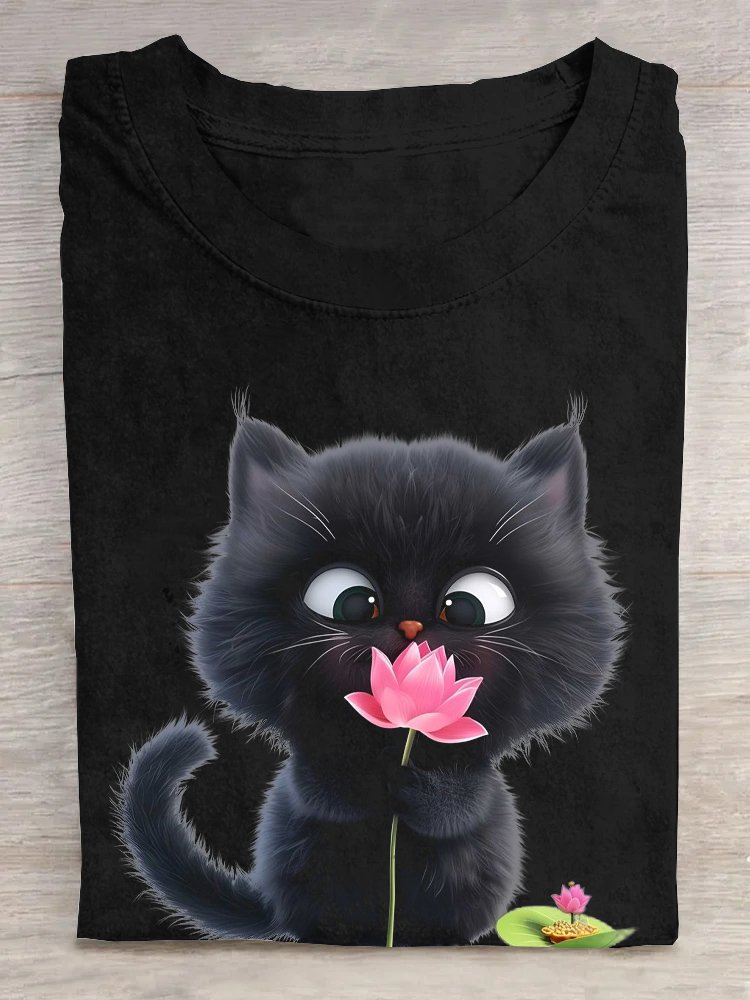 Casual Cat Crew Neck Short Sleeve T-shirt