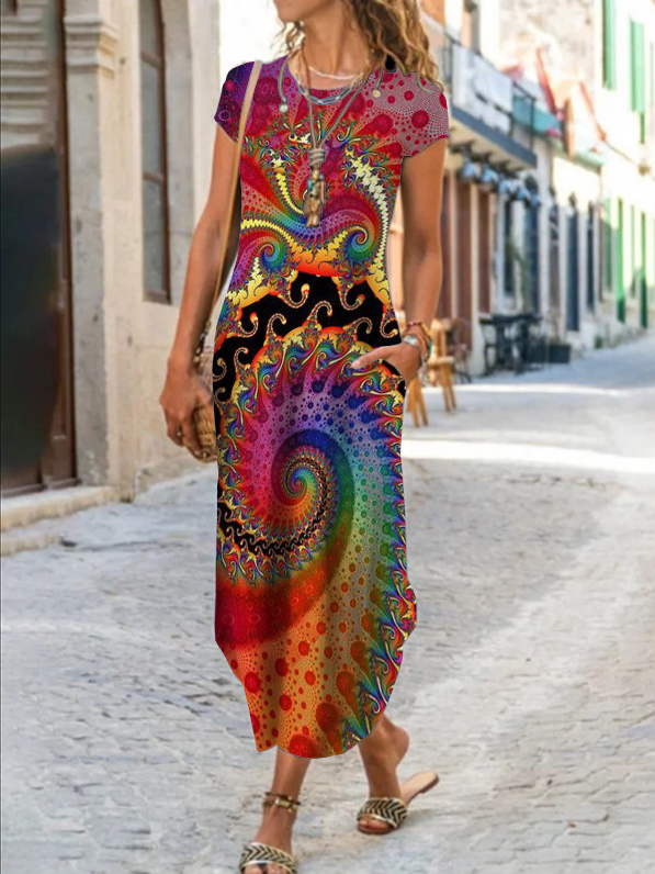 Women Abstract Crew Neck Short Sleeve Comfy Casual Pocket Stitching Maxi Dress