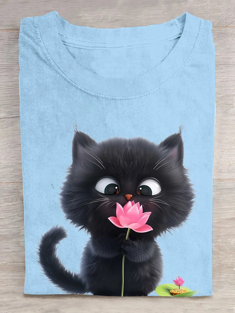 Casual Cat Crew Neck Short Sleeve T-shirt