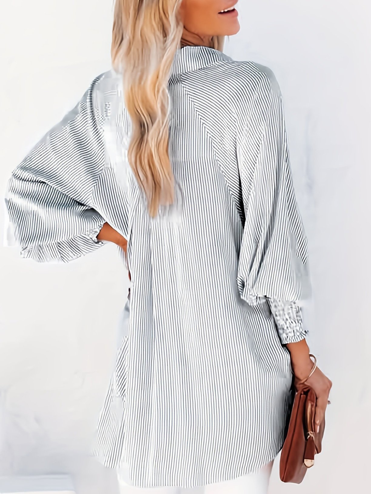 Shirt Collar Long Sleeve Plain Scramble Lightweight Loose TUNIC Shirt For Women