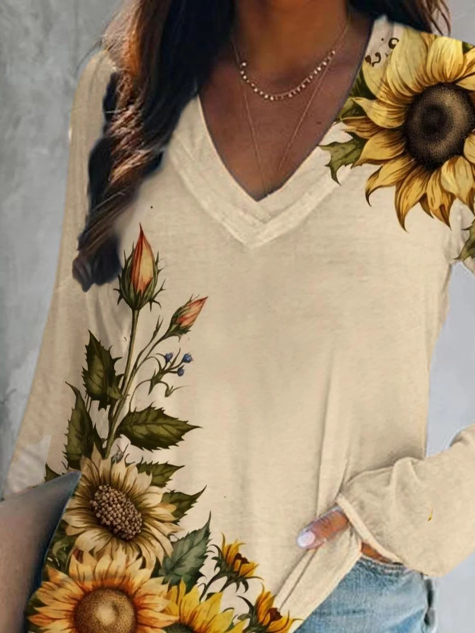 Casual Daisy V Neck Long Sleeve T-shirt