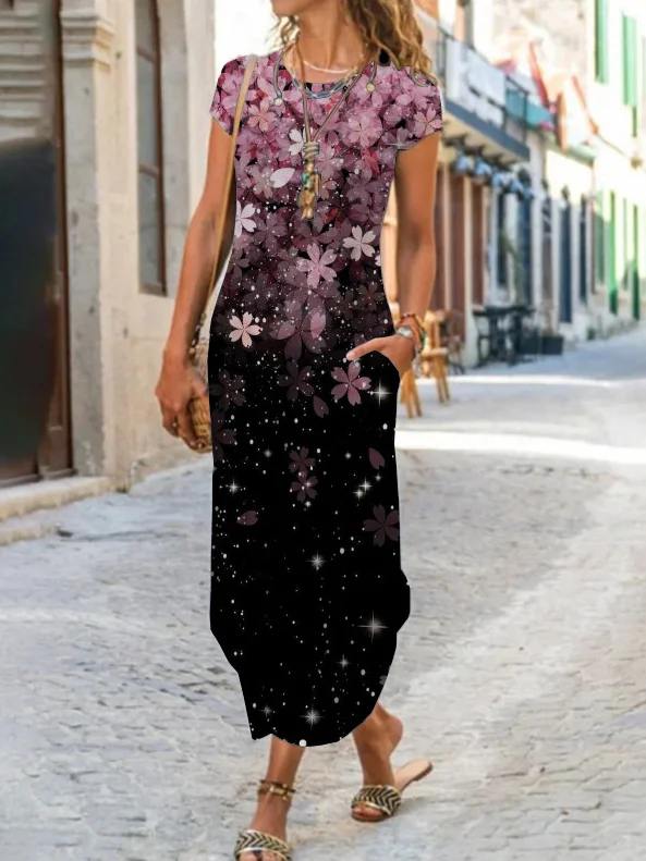 Women Abstract Crew Neck Short Sleeve Comfy Casual Pocket Stitching Maxi Dress