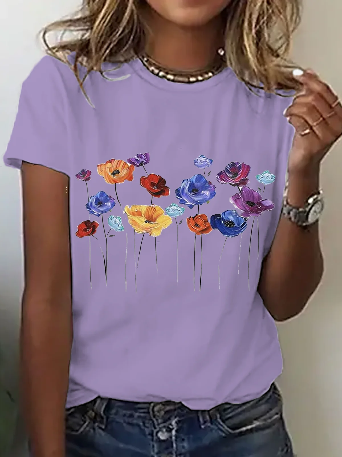 Casual Floral Crew Neck Short Sleeve T-shirt