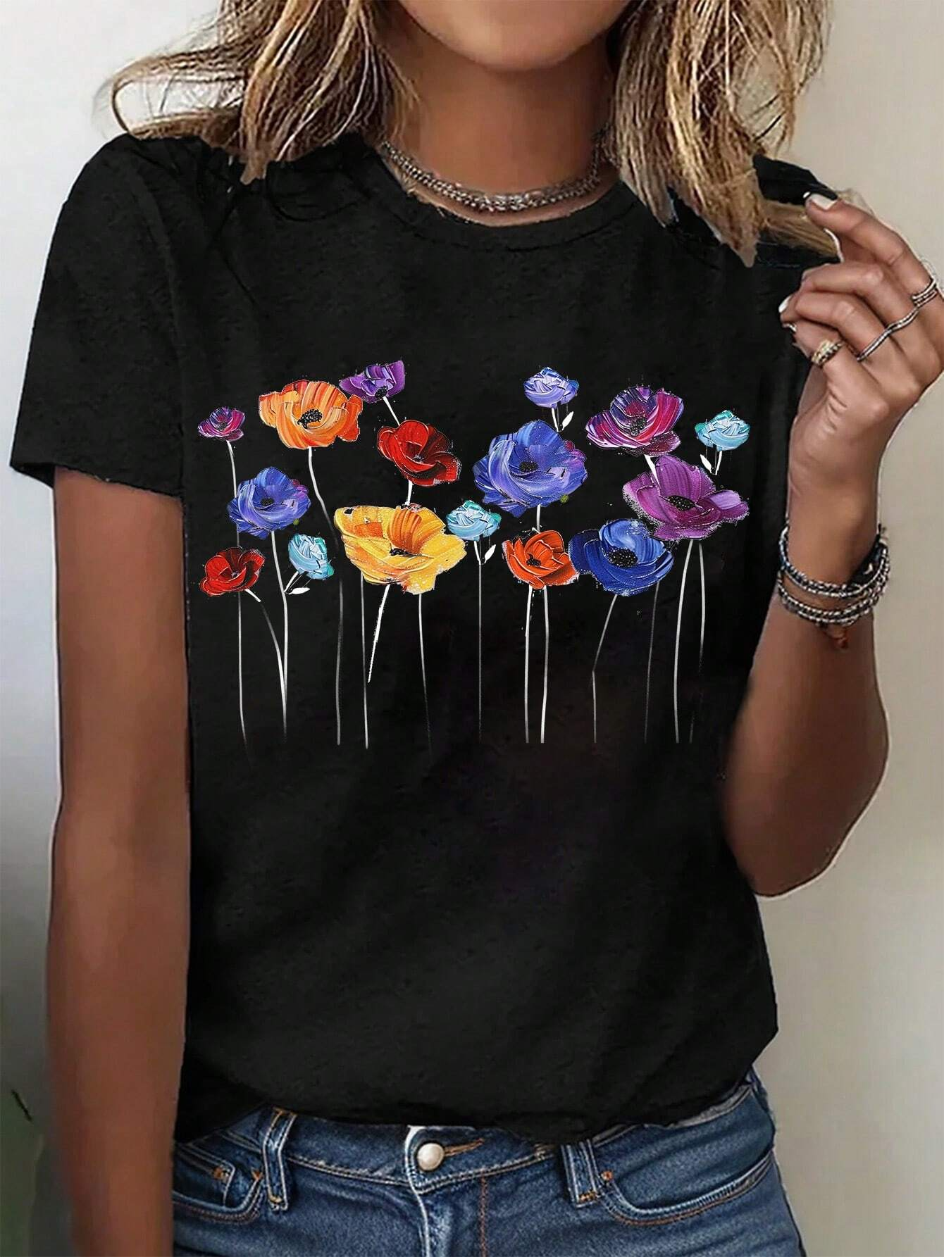 Casual Floral Crew Neck Short Sleeve T-shirt