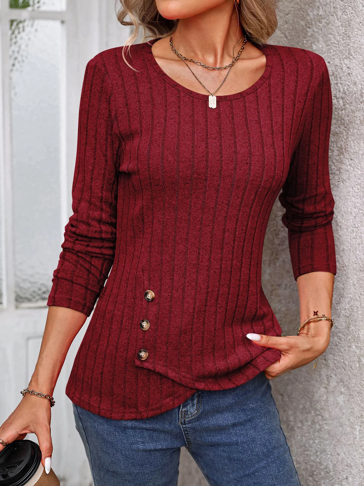 Casual Plain Crew Neck Long Sleeve T-shirt