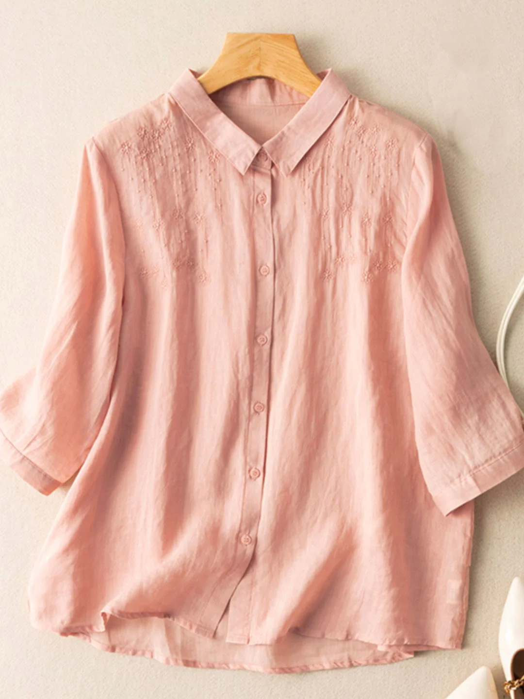 Shirt Collar Long Sleeve Plain Regular Loose Blouse For Women