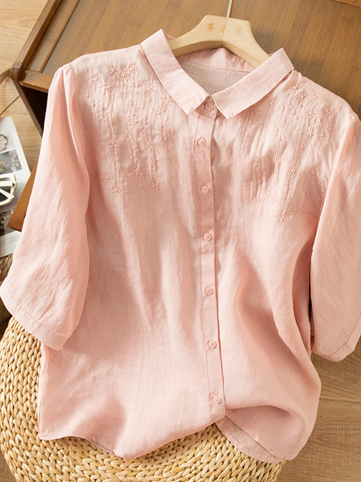 Shirt Collar Long Sleeve Plain Regular Loose Blouse For Women