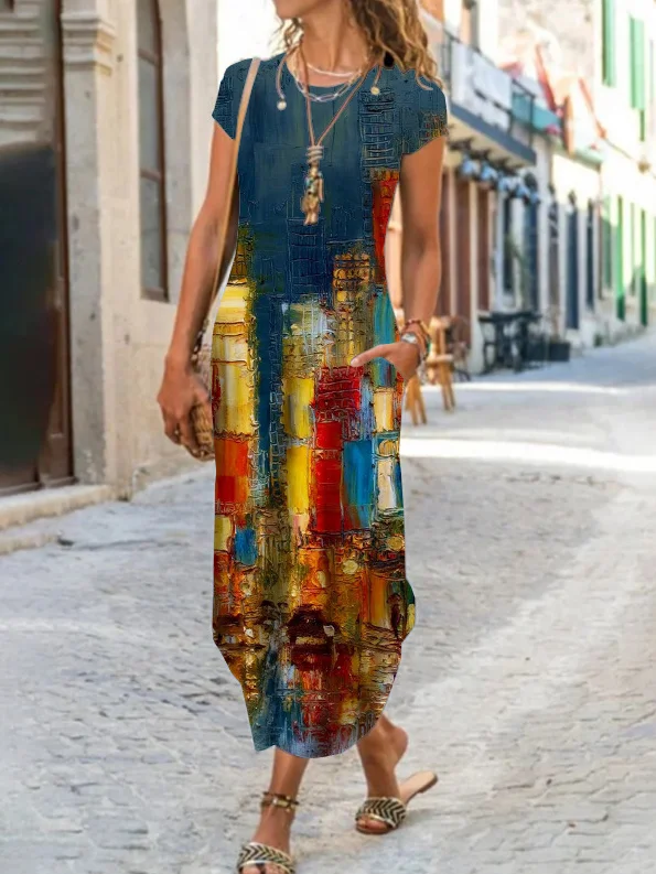 Women Abstract Crew Neck Short Sleeve Comfy Casual Pocket Stitching Maxi Dress