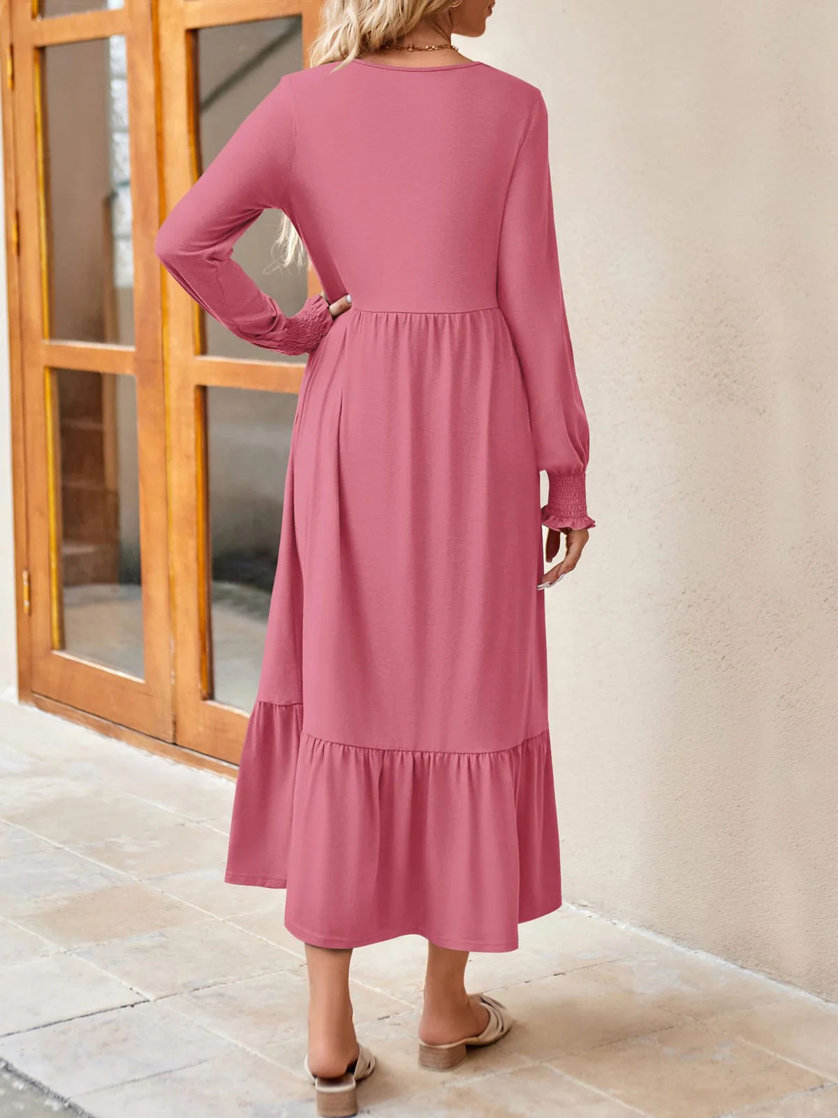 Women Plain Crew Neck Long Sleeve Comfy Casual Maxi Dress