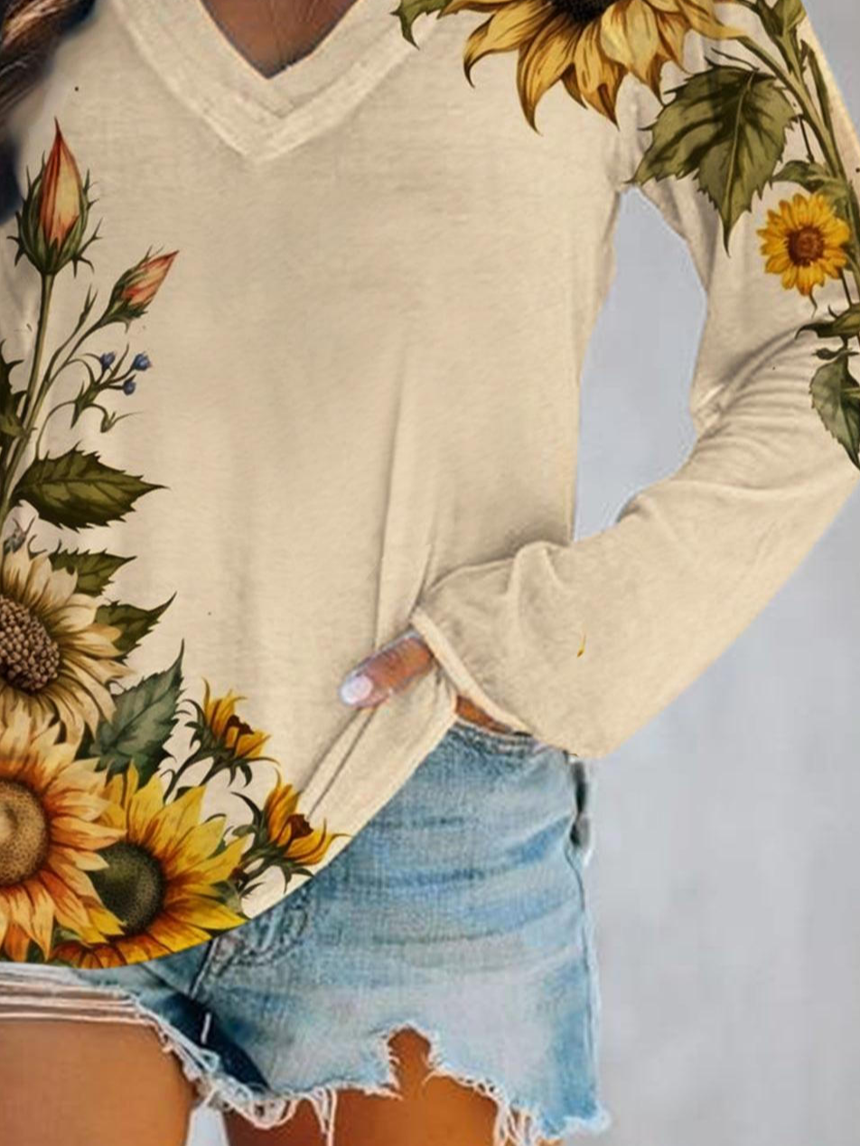 Casual Daisy V Neck Long Sleeve T-shirt