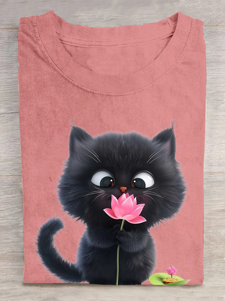 Casual Cat Crew Neck Short Sleeve T-shirt