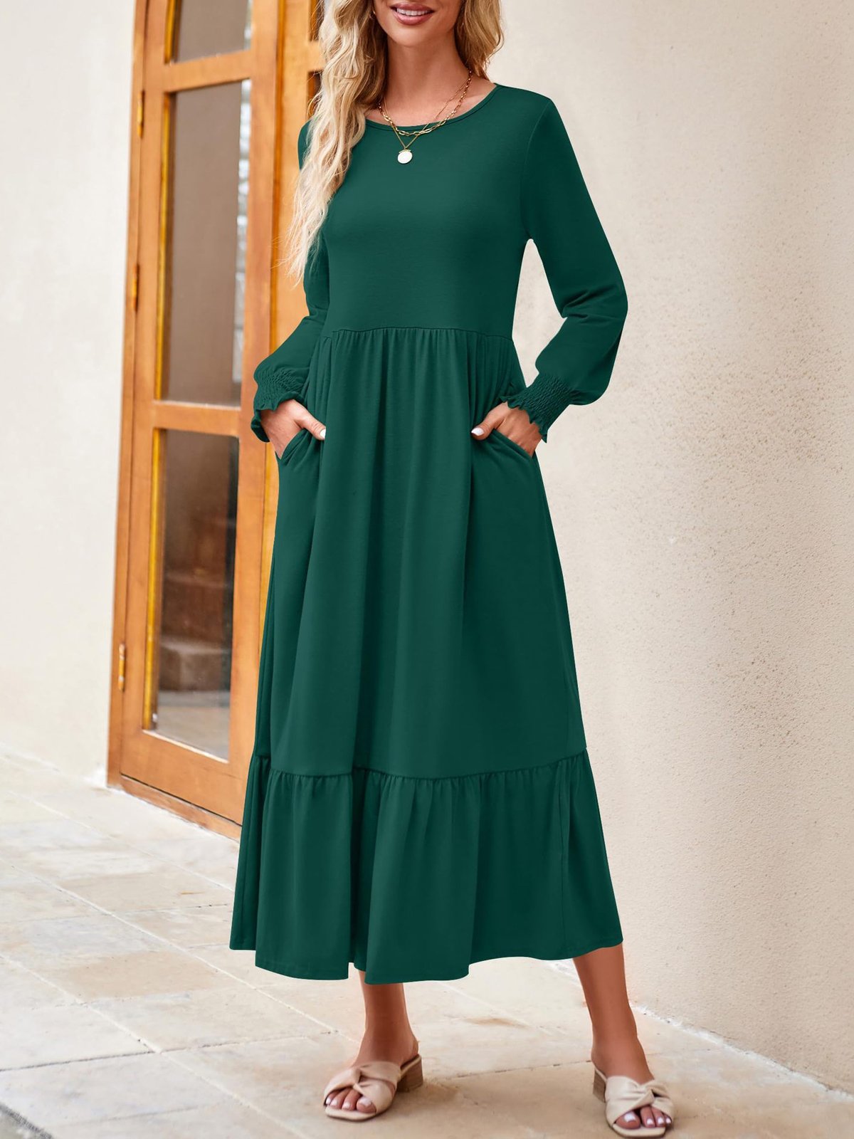 Women Plain Crew Neck Long Sleeve Comfy Casual Maxi Dress