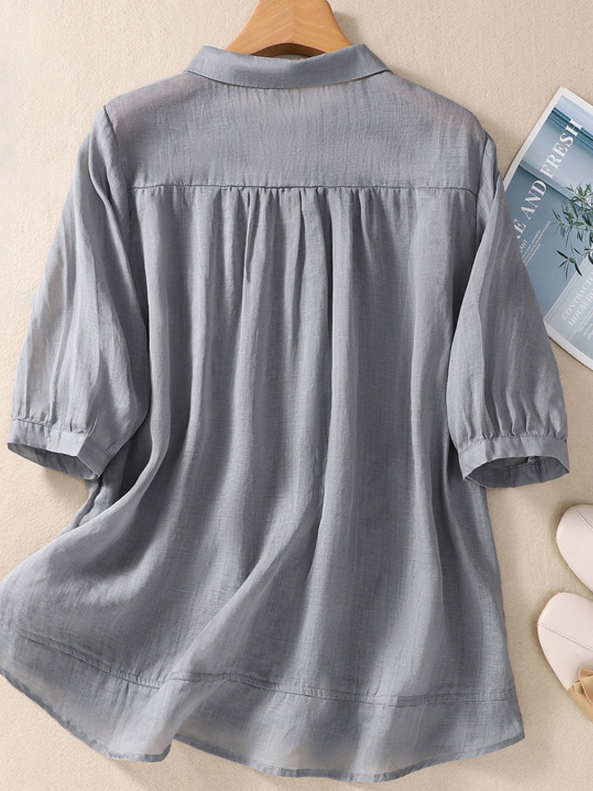 Shirt Collar Long Sleeve Plain Regular Loose Blouse For Women