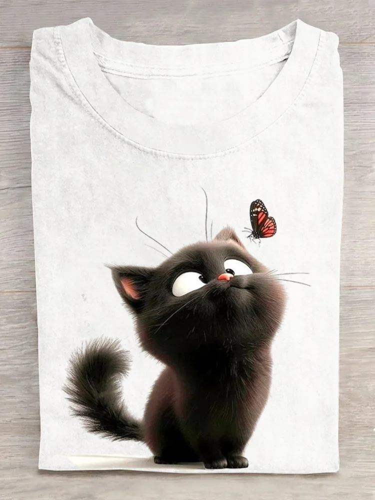 Casual Cat Crew Neck Short Sleeve T-shirt