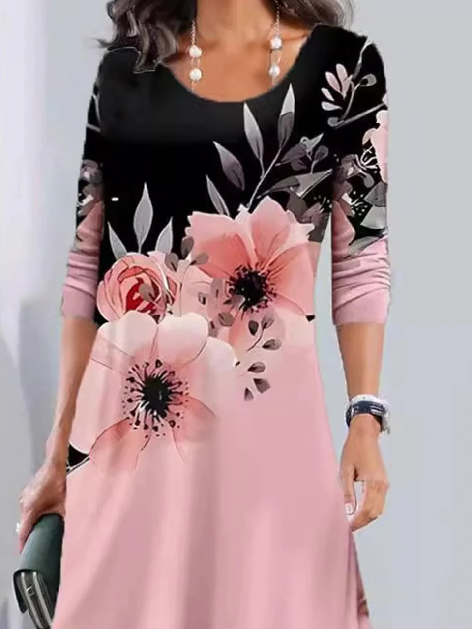 Women Floral Crew Neck Long Sleeve Comfy Casual Midi Dress