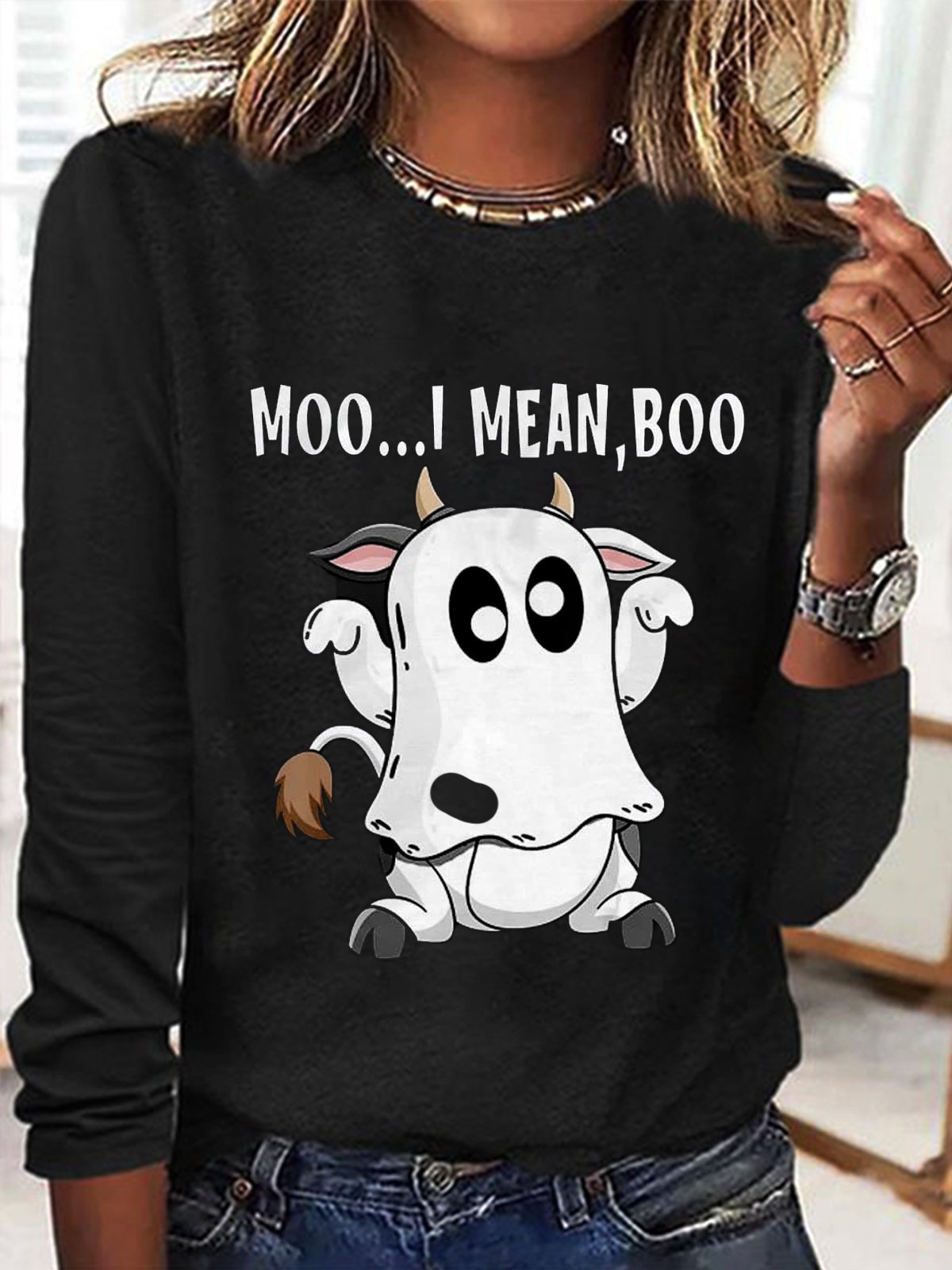 Halloween Casual Cute Animal Print Crew Neck Long Sleeve T-shirt