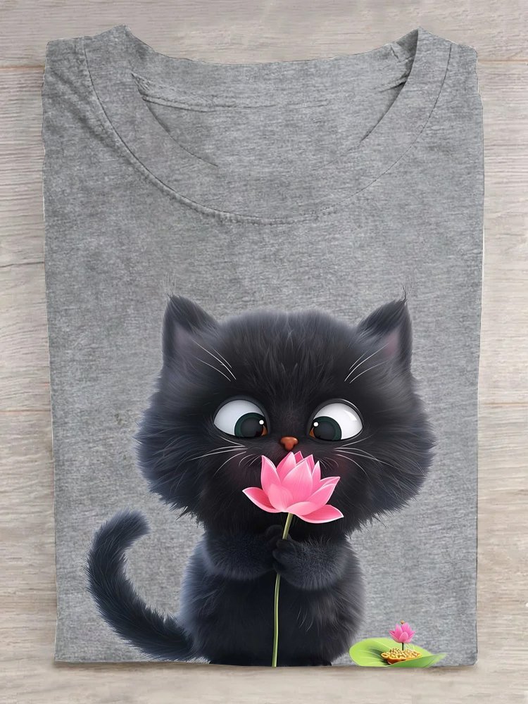 Casual Cat Crew Neck Short Sleeve T-shirt