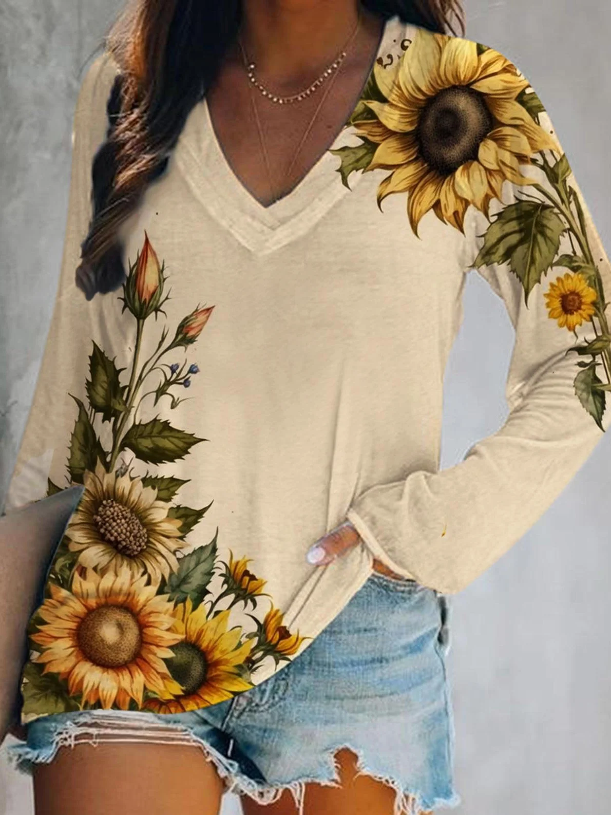 Casual Daisy V Neck Long Sleeve T-shirt