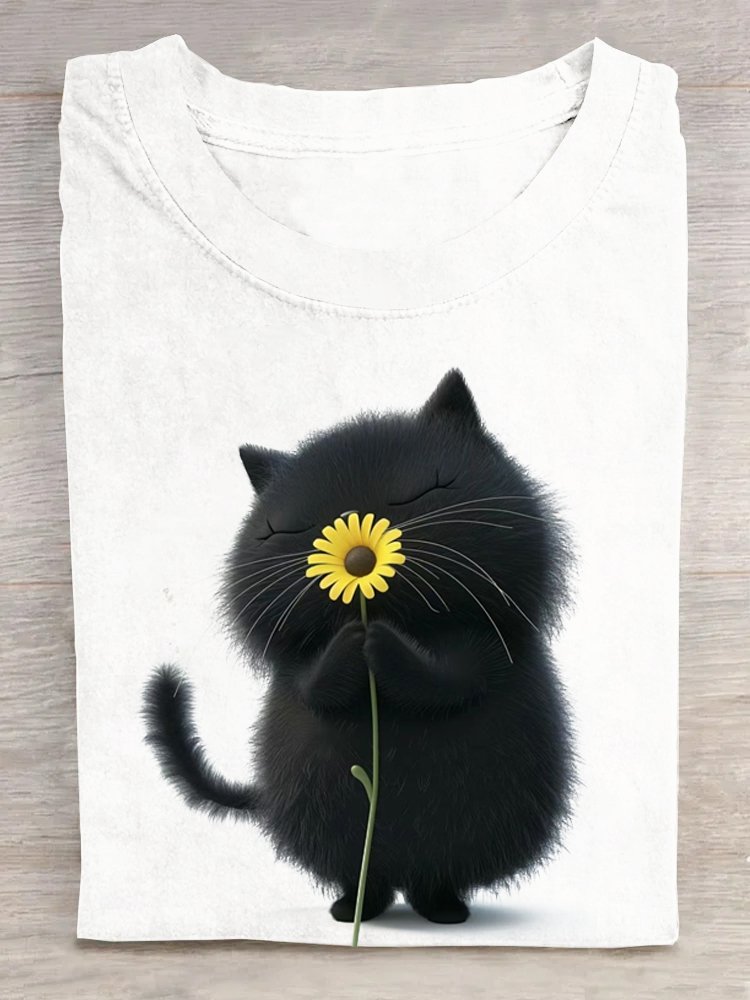 Casual Cat Crew Neck Short Sleeve T-shirt