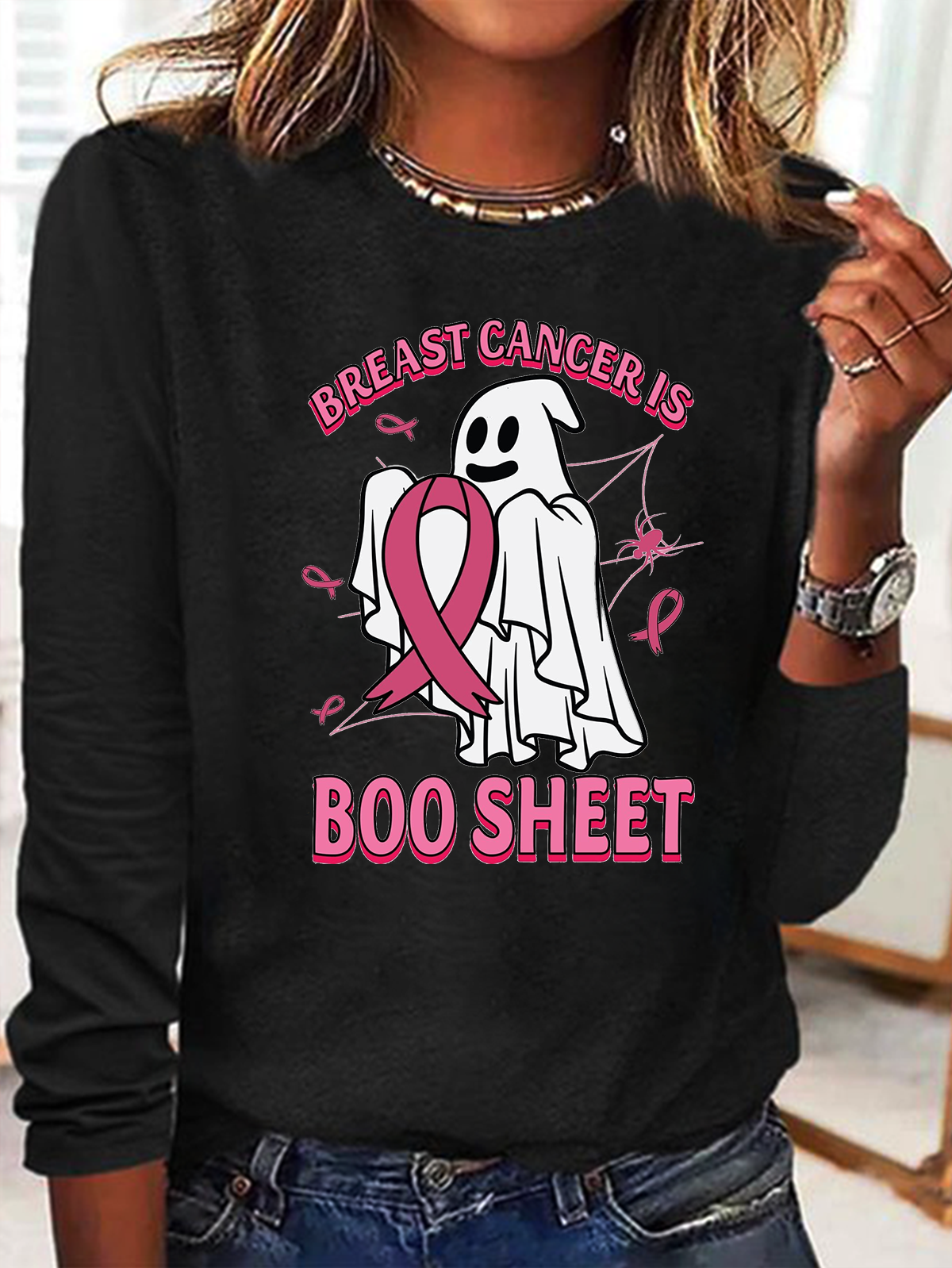 Halloween Casual Cute Ghost Pattern Text Letters Crew Neck Long Sleeve T-shirt