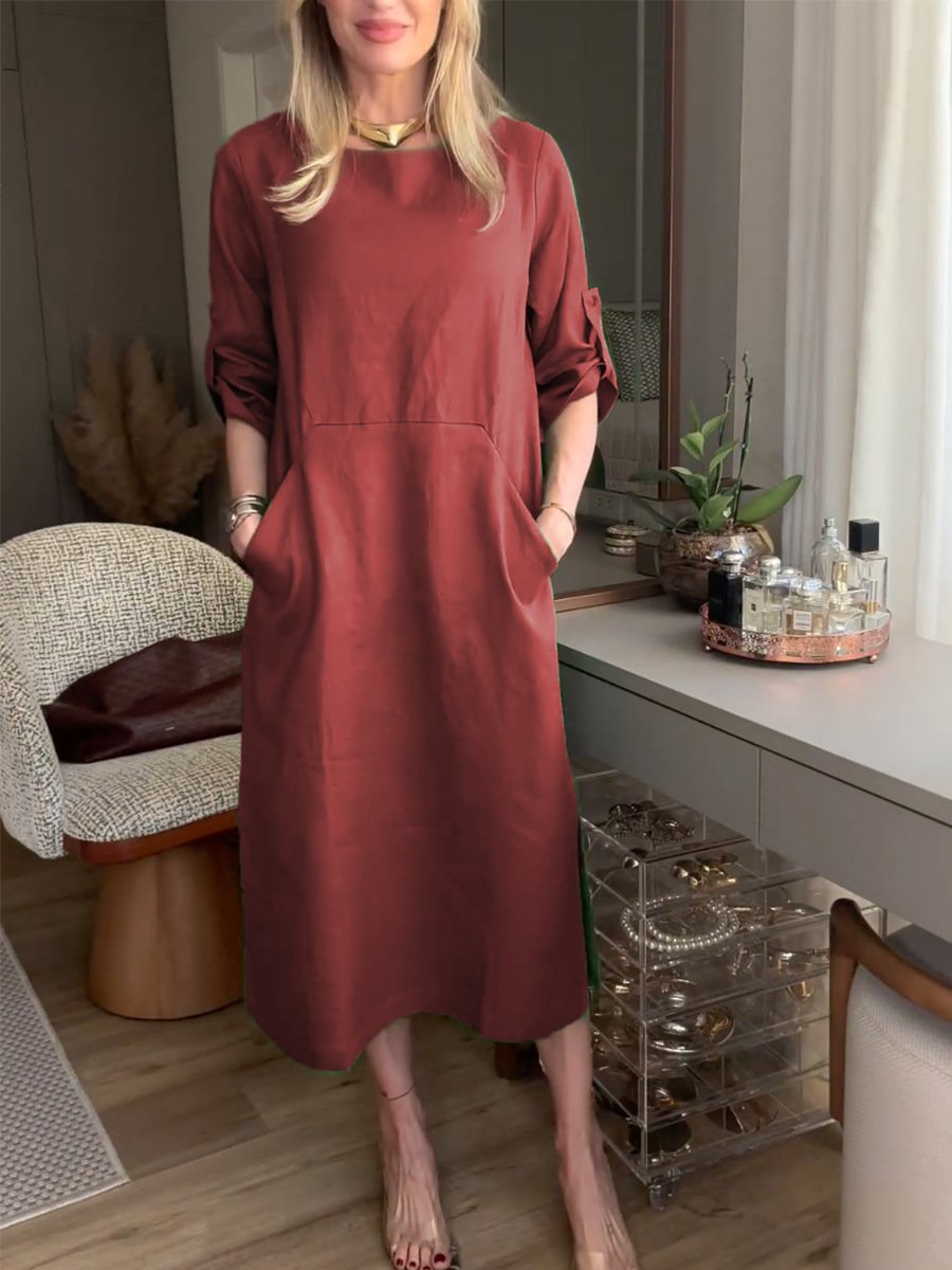 Women Plain Crew Neck Long Sleeve Comfy Casual Midi Dress