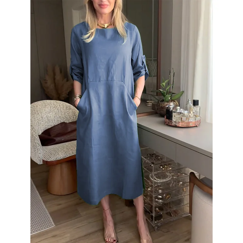 Women Plain Crew Neck Long Sleeve Comfy Casual Midi Dress