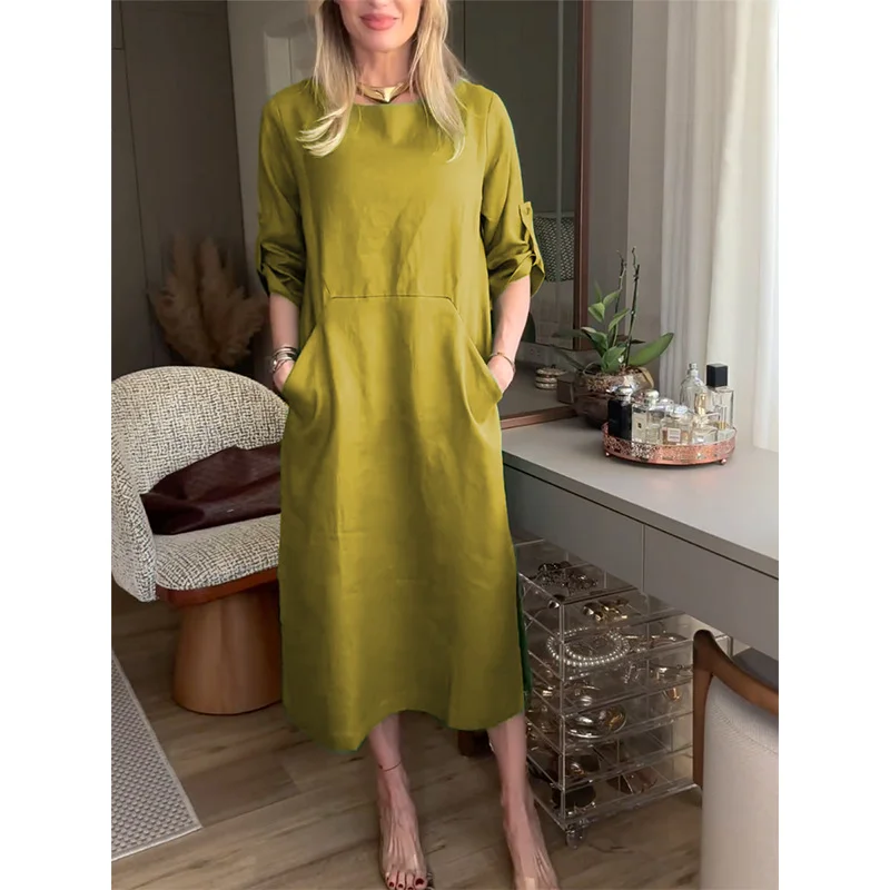 Women Plain Crew Neck Long Sleeve Comfy Casual Midi Dress