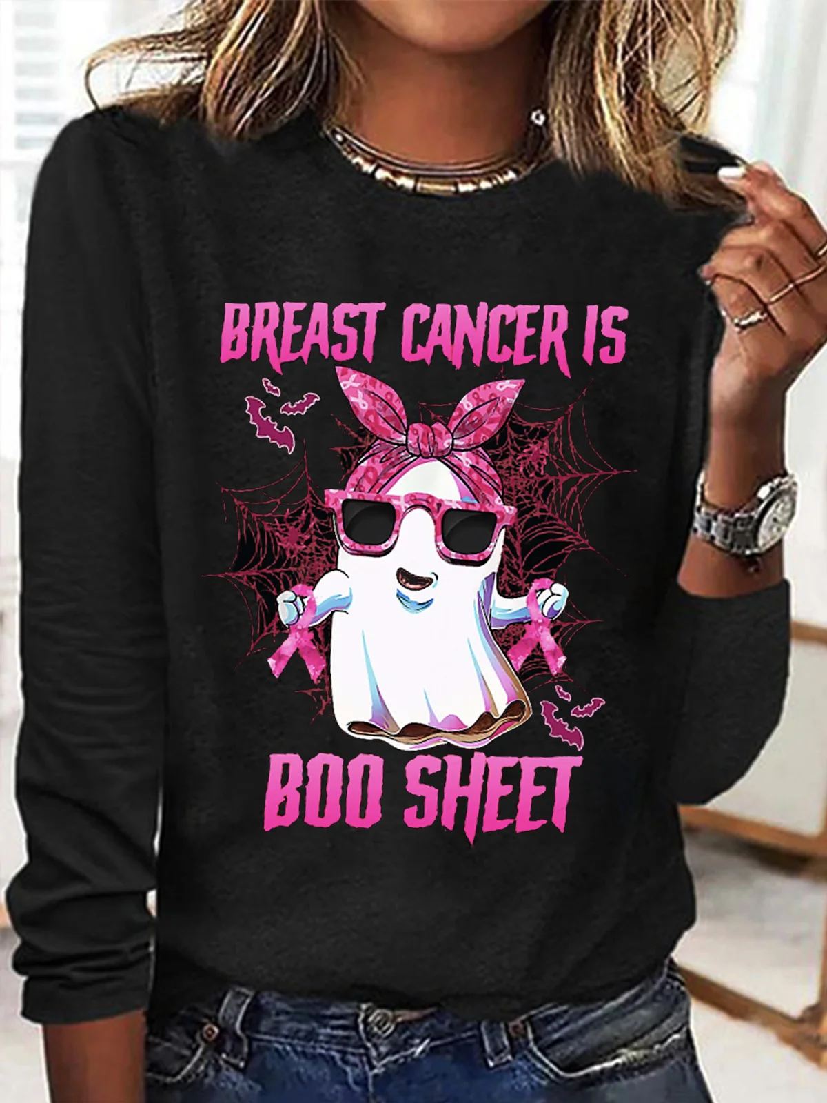 Halloween Casual Cute Ghost Pattern Crew Neck Long Sleeve T-shirt