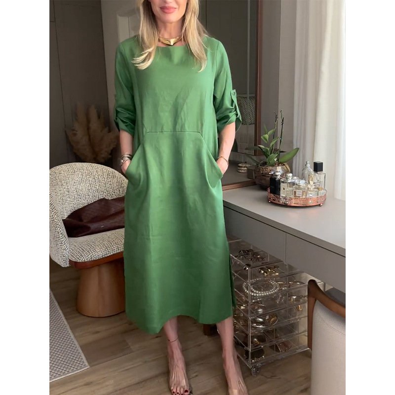 Women Plain Crew Neck Long Sleeve Comfy Casual Midi Dress