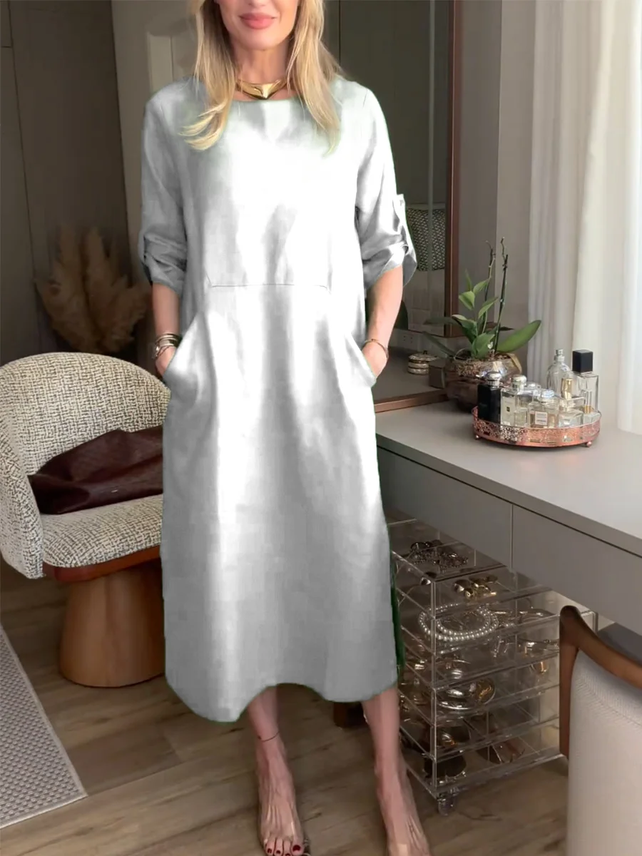 Women Plain Crew Neck Long Sleeve Comfy Casual Midi Dress