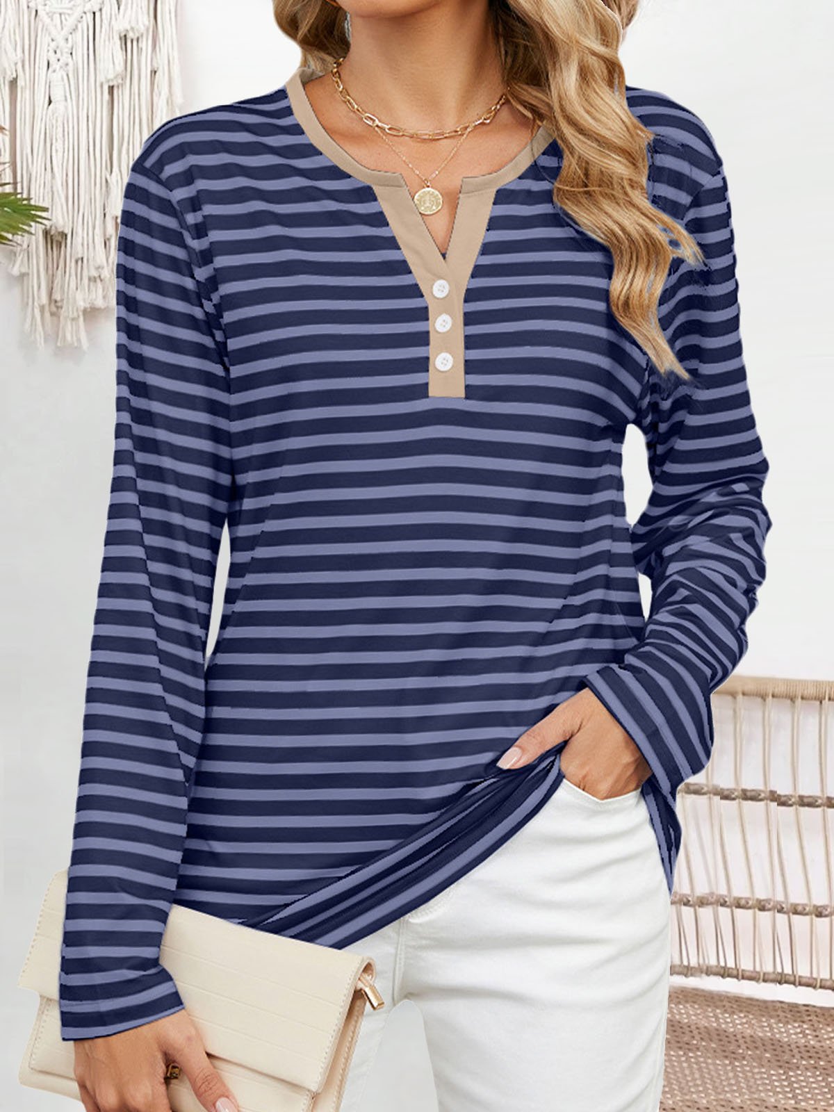 Casual Striped Notched Long Sleeve T-shirt