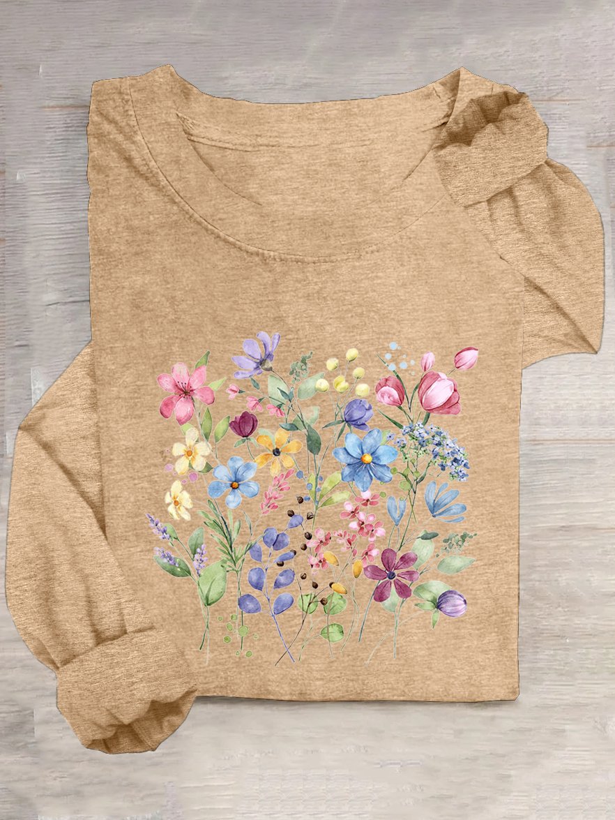 Casual Floral Crew Neck Long Sleeve T-shirt