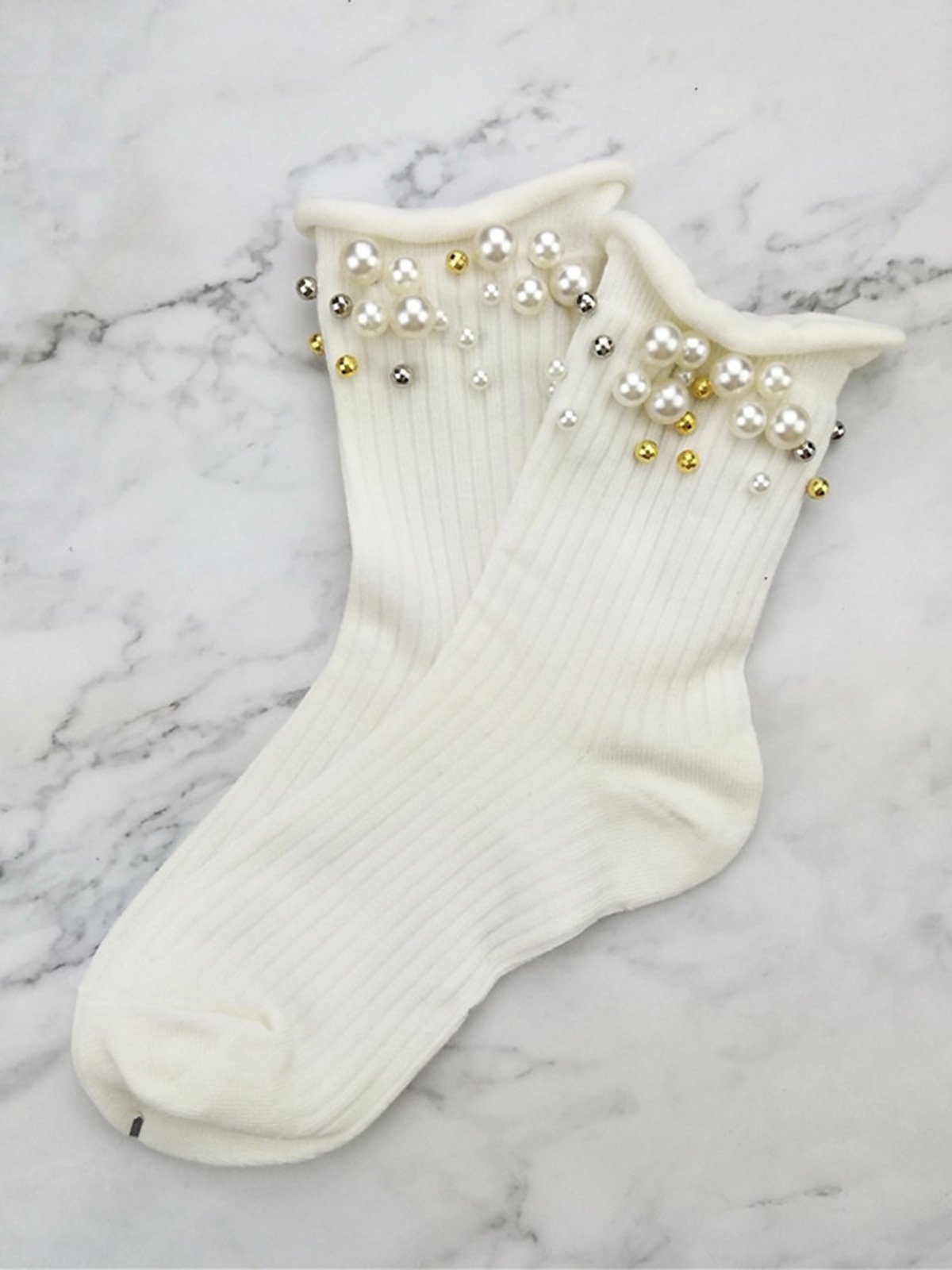 1pair Faux Pearl Beaded Mid-calf Socks