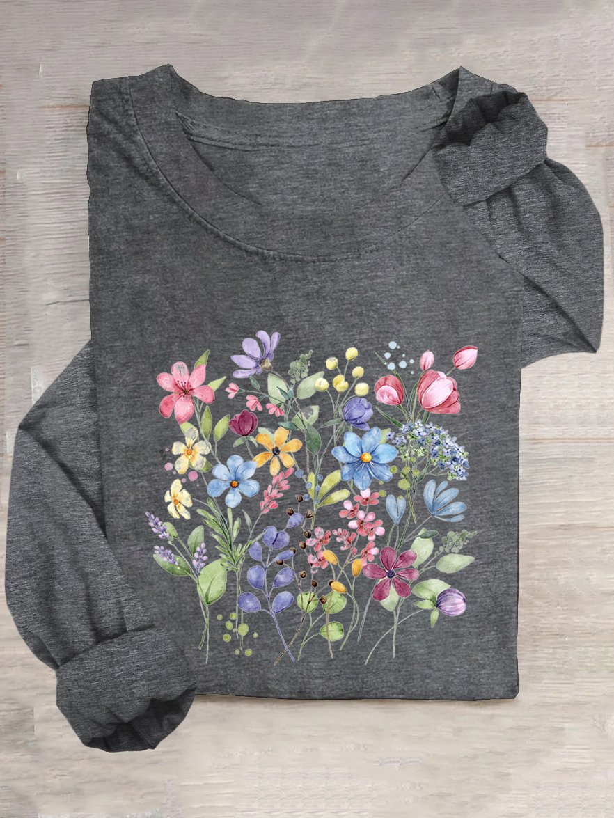 Casual Floral Crew Neck Long Sleeve T-shirt