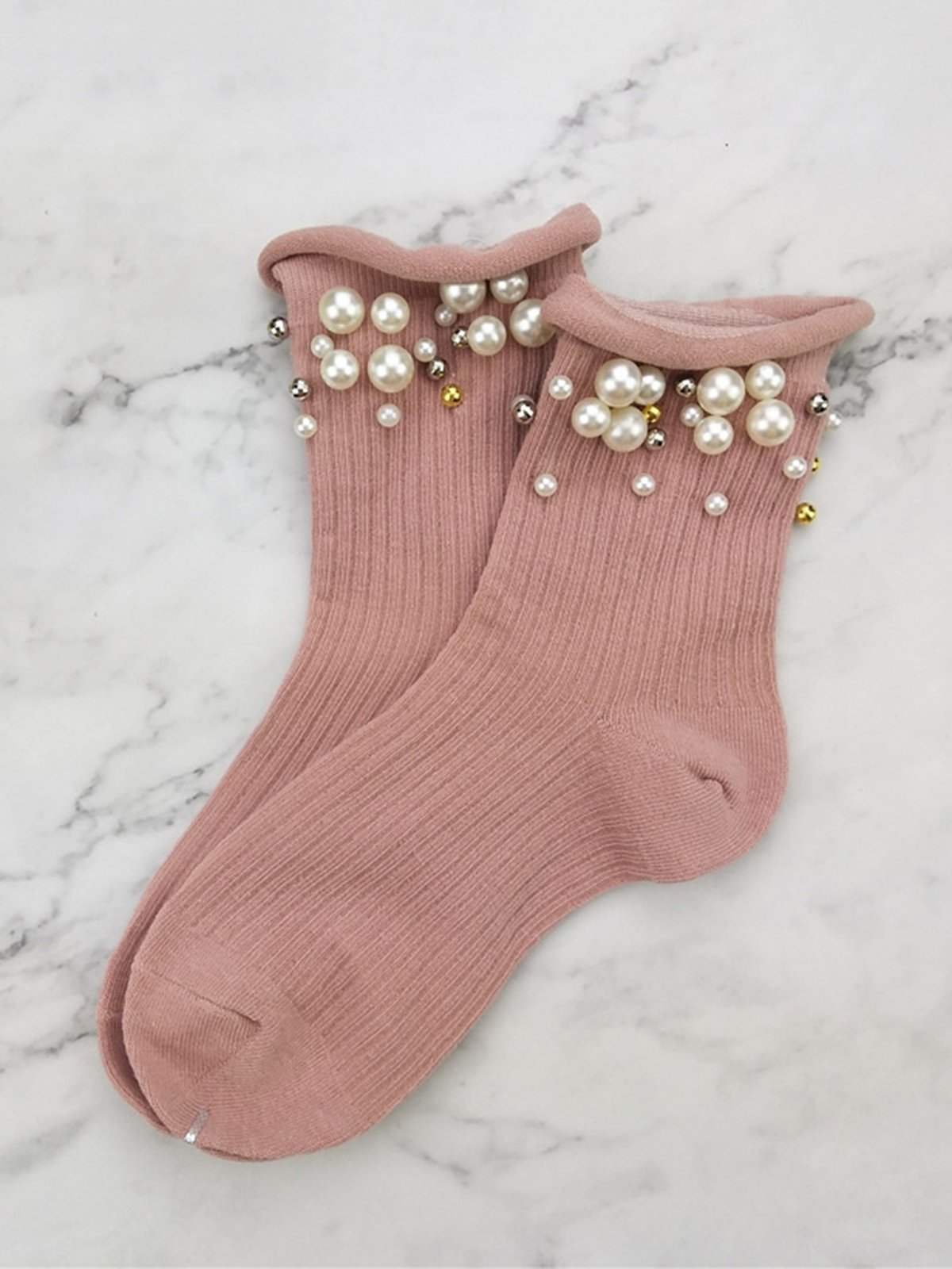 1pair Faux Pearl Beaded Mid-calf Socks