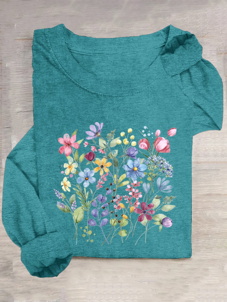 Casual Floral Crew Neck Long Sleeve T-shirt