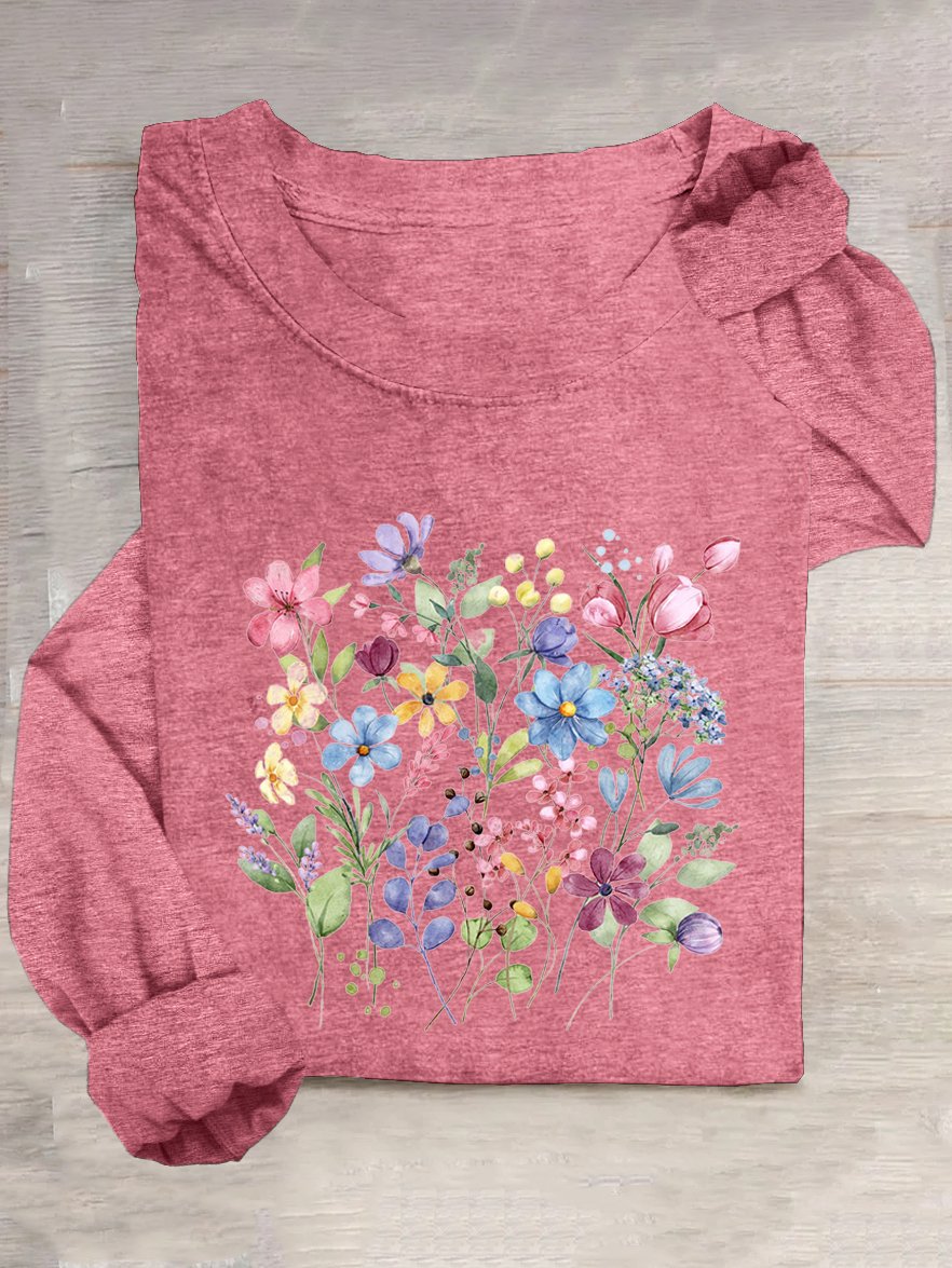 Casual Floral Crew Neck Long Sleeve T-shirt