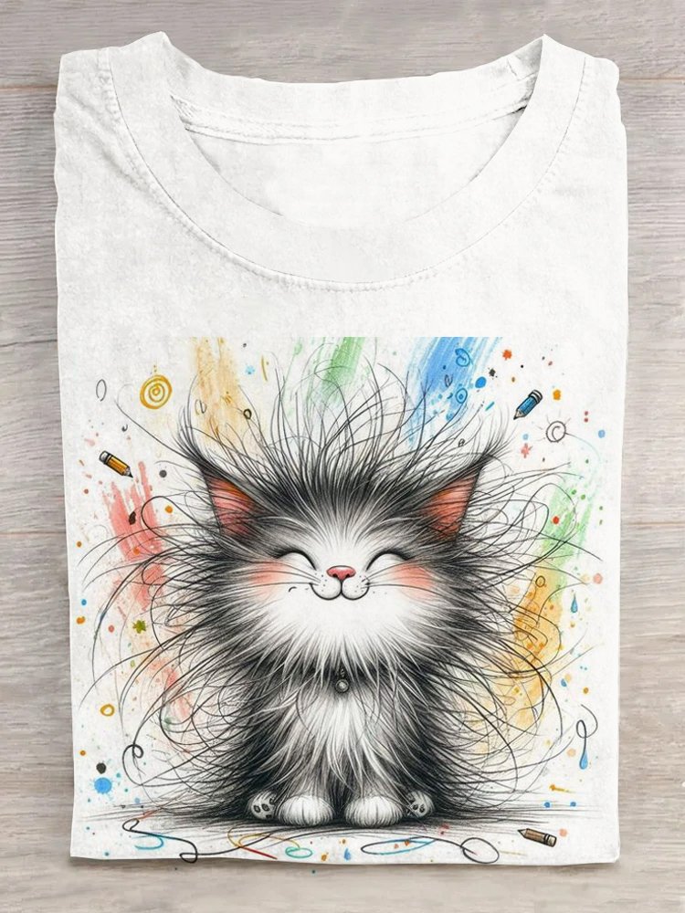 Casual Cat Crew Neck Short Sleeve T-shirt