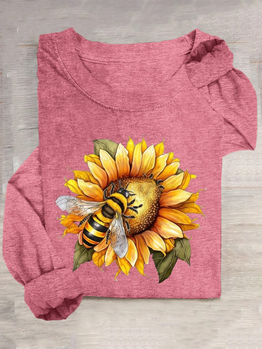 Casual Sunflower Crew Neck Long Sleeve T-shirt