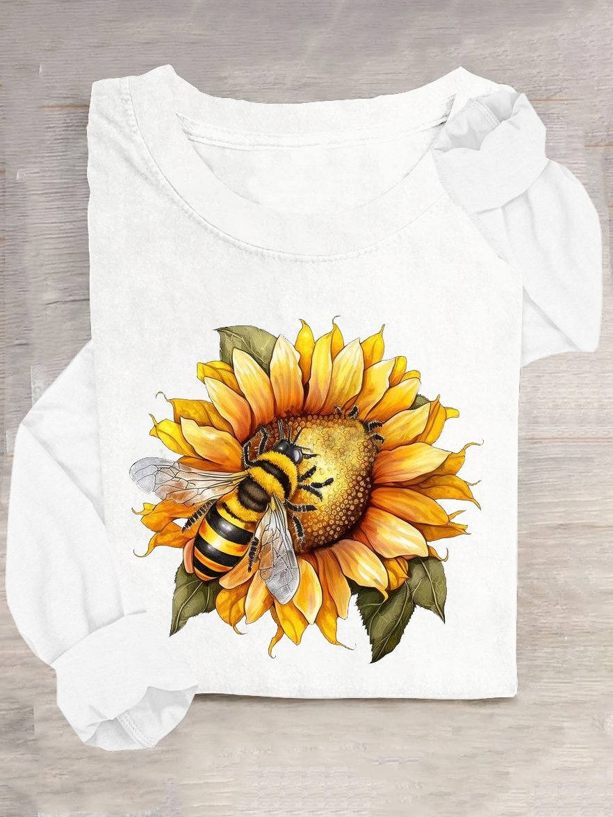 Casual Sunflower Crew Neck Long Sleeve T-shirt