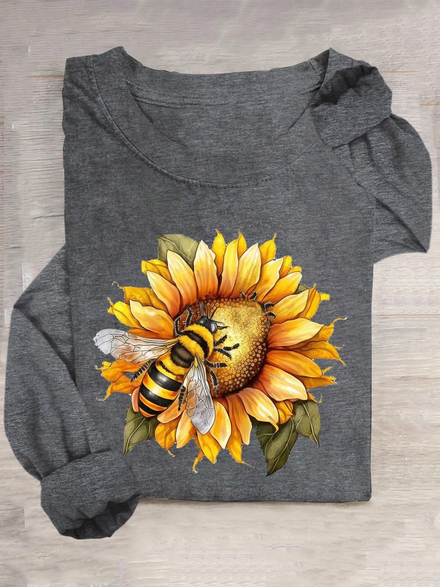 Casual Sunflower Crew Neck Long Sleeve T-shirt