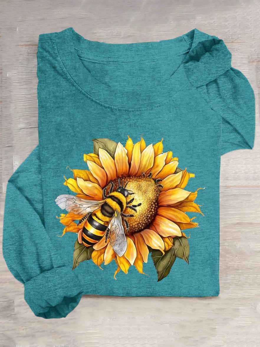 Casual Sunflower Crew Neck Long Sleeve T-shirt