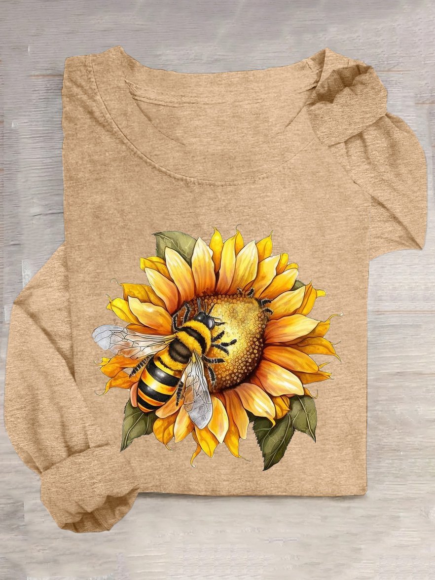 Casual Sunflower Crew Neck Long Sleeve T-shirt